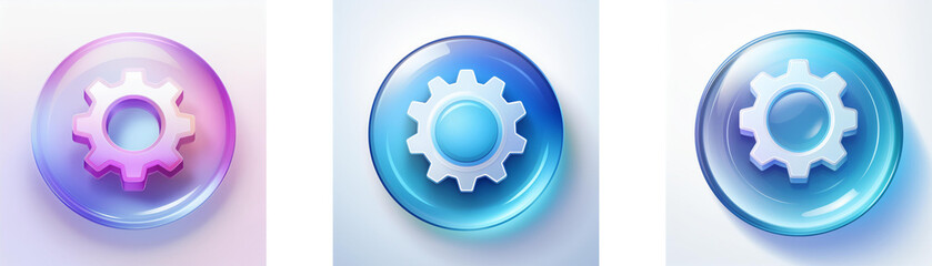 Leinwandbilder - Three glossy circular buttons feature a gear icon in varying colors: purple, light blue, and dark blue.  Each button is designed with a 3D effect.