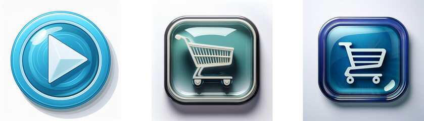 Leinwandbilder - Glossy buttons showcase a play symbol, and shopping cart icons.  Digital interface elements for media and e-commerce.