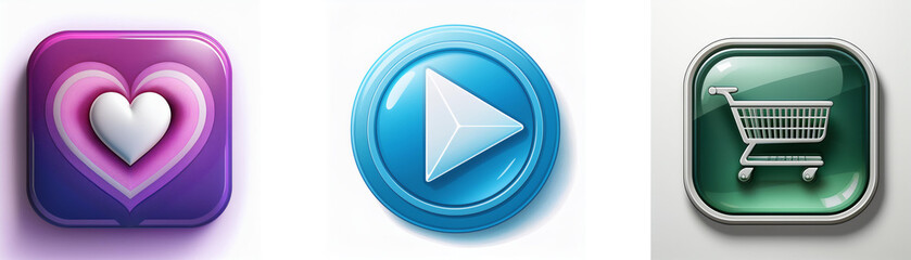 Poster - Three glossy buttons: heart, play, shopping cart.  Simple, colorful icons for apps or websites.
