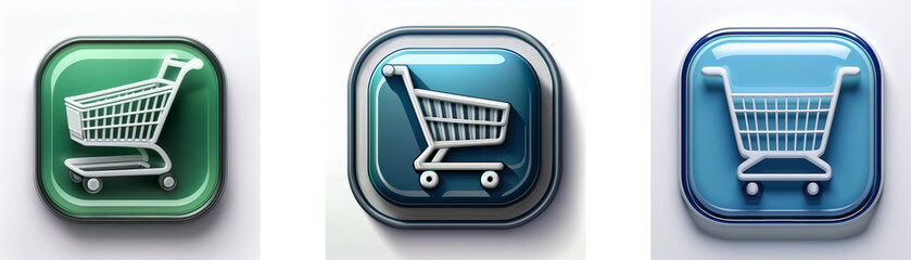 Poster - Three glossy square buttons feature a shopping cart icon; green, teal, and blue.  Each button displays a simplified, white shopping cart.