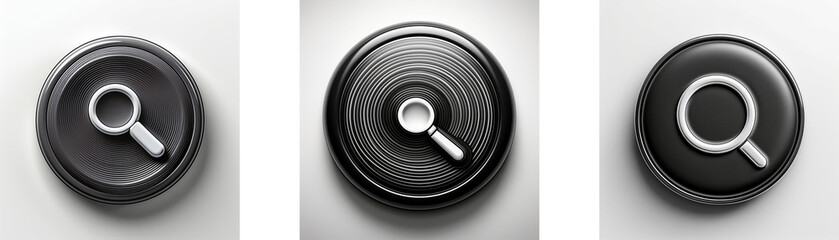 Leinwandbilder - Three circular, dark gray buttons feature a white magnifying glass symbol;  variations in design and symbol placement.