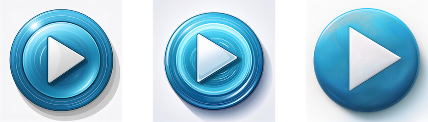 Aufkleber - Three glossy blue circular buttons feature a white play icon.  Variations in the button's design and shadow are shown.