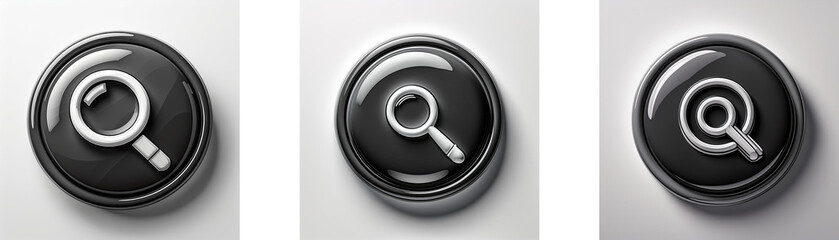 Aufkleber - Three glossy black circular buttons feature a magnifying glass icon in varying styles.  Each button is subtly outlined in silver.