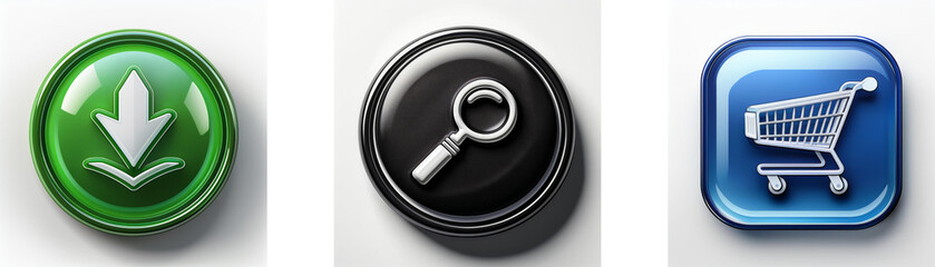 Poster - Three glossy buttons depict download, search, and shopping cart icons.  Simple, colorful interface elements.
