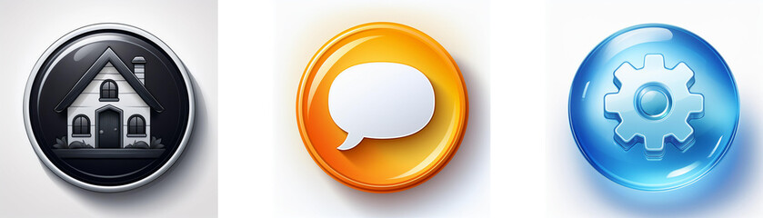 Leinwandbilder - Three glossy buttons: house, speech bubble, gear.  Representing home, communication, and settings.