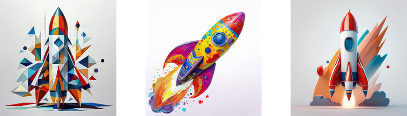 Aufkleber - Three vibrant rockets, each uniquely styled, burst with color and dynamic energy, symbolizing launch and innovation.