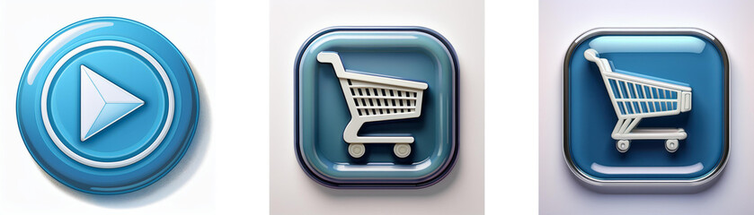 Poster - Three glossy blue buttons feature a play symbol and two shopping carts.  Simple, clean design ideal for website or app interface.