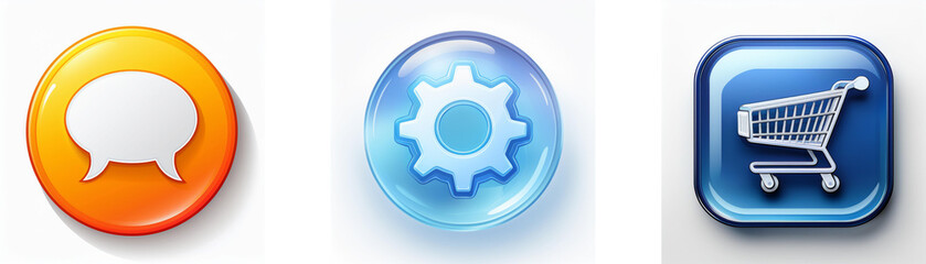 Leinwandbilder - Three glossy buttons depict communication, settings, and shopping.  Each button features a distinct icon for intuitive user interaction.