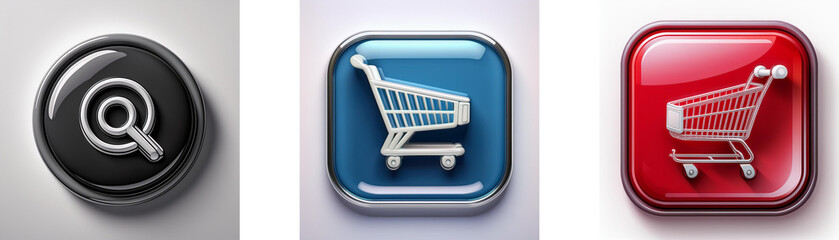 Aufkleber - Three glossy buttons: a search icon, a shopping cart on blue, and a shopping cart on red.  Online shopping and product search concepts.