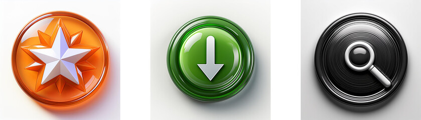Aufkleber - Three glossy circular buttons; one orange with a star, one green with a downward arrow, and one black with a magnifying glass.  These represent different functions.