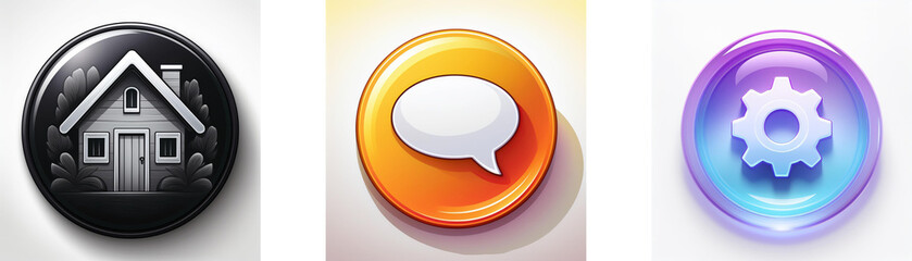 Poster - Three glossy circular buttons depict home, chat, and settings.  Simple icons against vibrant backgrounds.