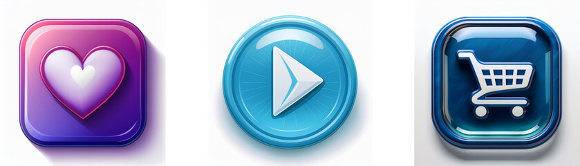 Leinwandbilder - Three glossy buttons: a heart, a play symbol, and a shopping cart.  Simple, colorful interface icons.