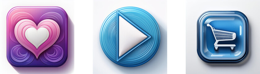 Leinwandbilder - Three glossy buttons: heart, play, shopping cart.  Simple, colorful icons for app design.