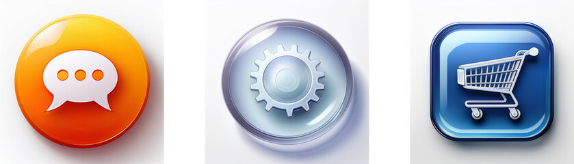 Poster - Three glossy buttons feature communication, settings, and shopping cart icons.  A modern, minimalist design.