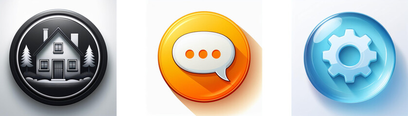 Leinwandbilder - Three glossy circular icons: a house in woods, a speech bubble, and a gear.  Simple, modern app symbols.