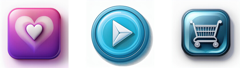 Leinwandbilder - Three glossy buttons: heart, play, shopping cart.  Perfect for app icons or website design.