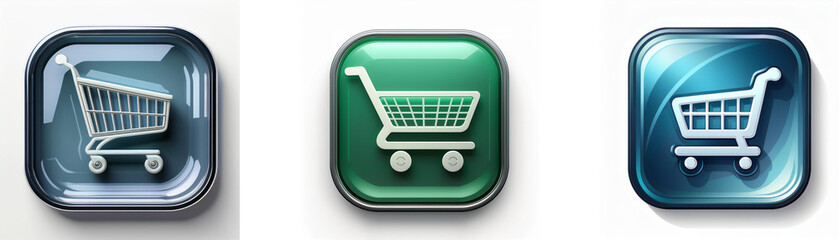 Aufkleber - Three glossy square buttons feature shopping cart icons;  blue, green, and teal variations.  Perfect for online stores.