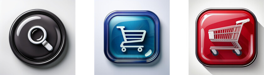 Aufkleber - Three glossy buttons display search and shopping cart icons.  Simple, colorful, and effective UI elements.