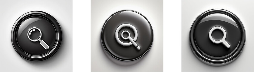 Aufkleber - Three glossy black circular buttons feature a magnifying glass icon; variations in icon design.
