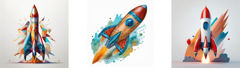 Aufkleber - Three vibrant rockets ascend, each depicted in a unique artistic style with dynamic watercolor splashes and abstract shapes, symbolizing launch, innovation, and progress.