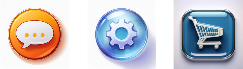Leinwandbilder - Three glossy buttons depict communication, settings, and shopping.  They represent key app functions.