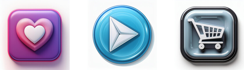Leinwandbilder - Three glossy buttons: heart, play, shopping cart.  Simple icons for app design.
