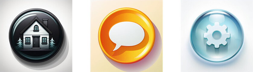 Poster - Three glossy circular buttons; one depicts a house, another a speech bubble, and the last a gear.  They represent home, communication, and settings.