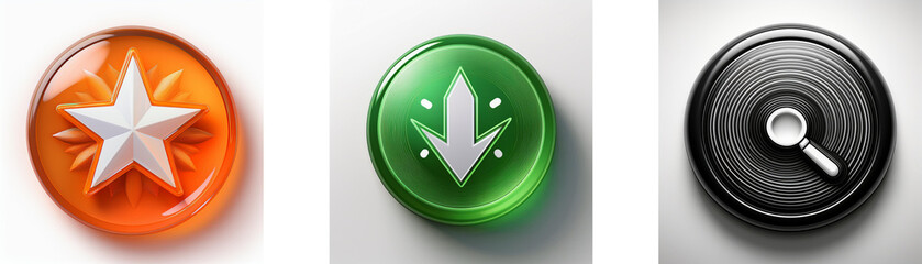 Aufkleber - Three glossy circular icons: orange with a star, green with a downward arrow, black with a magnifying glass.  Each displays a simple, contrasting symbol.