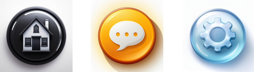 Poster - Three glossy circular buttons depict home, chat, and settings icons.  Simple, intuitive symbols for user interface design.