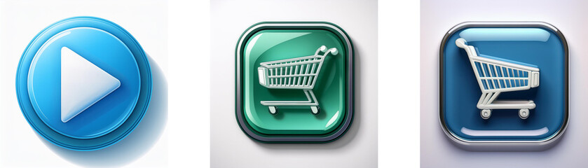 Leinwandbilder - Three glossy buttons: play, shopping cart, and shopping cart.  Simple icons for digital interface.