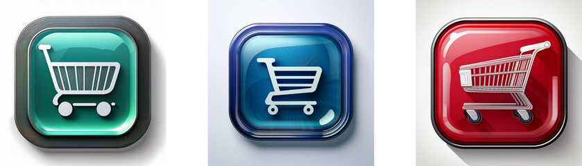 Poster - Three glossy square buttons display a shopping cart icon in teal, blue, and red.  Each button features a shadow effect.