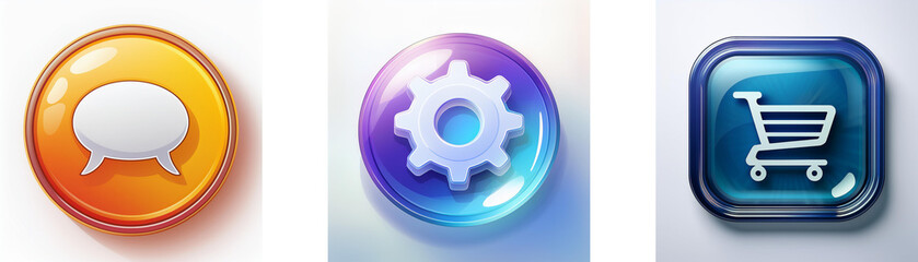 Wall Mural - three glossy buttons feature communication, settings, and shopping cart icons. modern, colorful app 