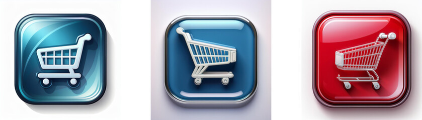 Wall Mural - three glossy square buttons showcase shopping cart icons in blue, teal, and red. each button feature