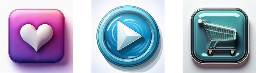 Leinwandbilder - Three glossy buttons: heart, play, shopping cart.  Simple, colorful icons for digital interface.