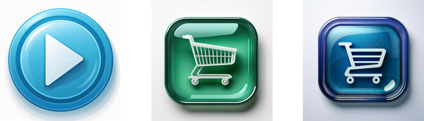 Leinwandbilder - Three glossy buttons: play, shopping cart (green), shopping cart (blue).  Simple, colorful interface elements.