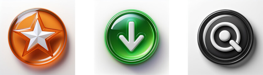 Aufkleber - Three glossy circular buttons; orange star, green downward arrow, and black stylized Q.  Modern design, interface elements.