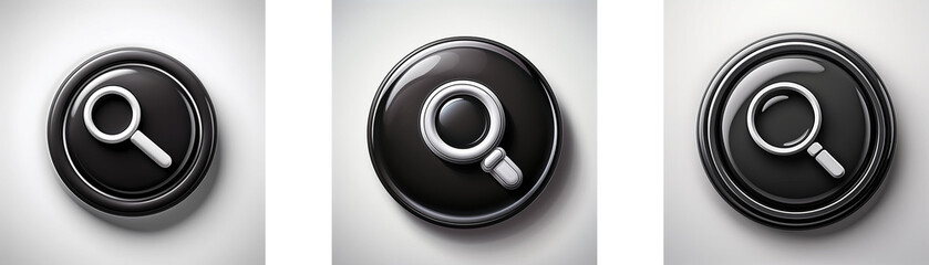 Poster - Three glossy black circular buttons feature a magnifying glass icon in grayscale.  The icons vary slightly in style.