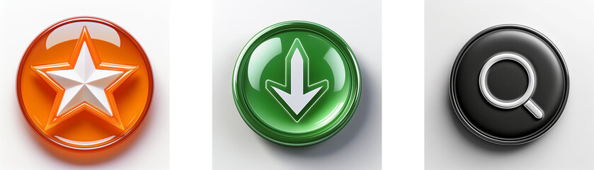 Aufkleber - Three glossy circular buttons display a star, downward arrow, and magnifying glass, representing favorite, download, and search functions.