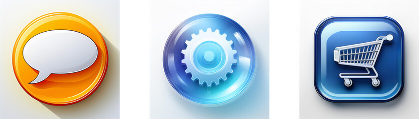 Aufkleber - Three glossy app icons: a speech bubble, gear, and shopping cart.  They represent communication, settings, and e-commerce.