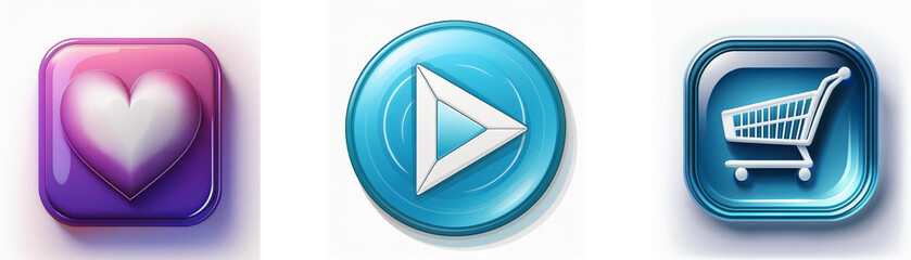 Leinwandbilder - Three glossy buttons: heart, play, shopping cart.  Modern, digital interface elements.
