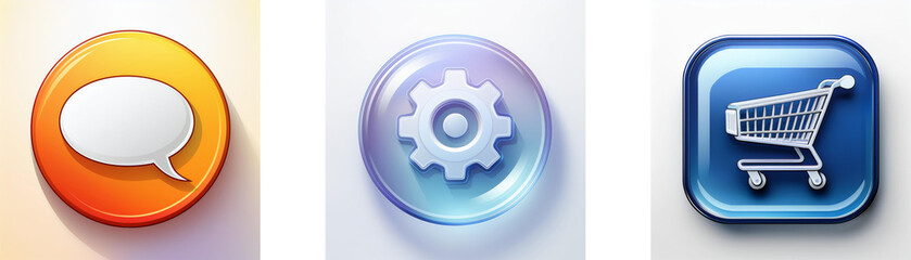 Leinwandbilder - Three glossy buttons: communication, settings, and shopping cart.  Representing online interaction, app functions, and e-commerce.