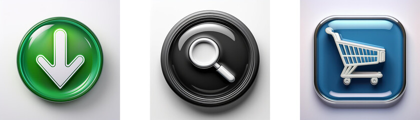 Poster - Three glossy buttons depict download, search, and shopping cart icons.  Simple, colorful, and user-friendly interface elements.