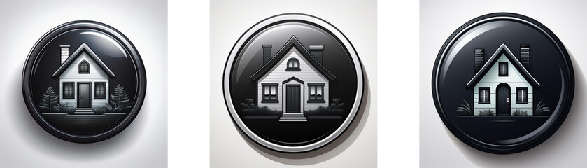 Poster - Three glossy black circular buttons feature a grayscale house icon, symbolizing home, property, or real estate.