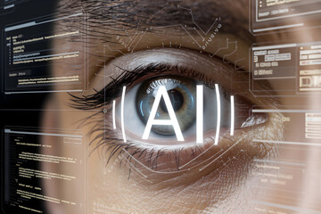 Wall Mural - close-up of eye with artificial intelligence symbol and programming code