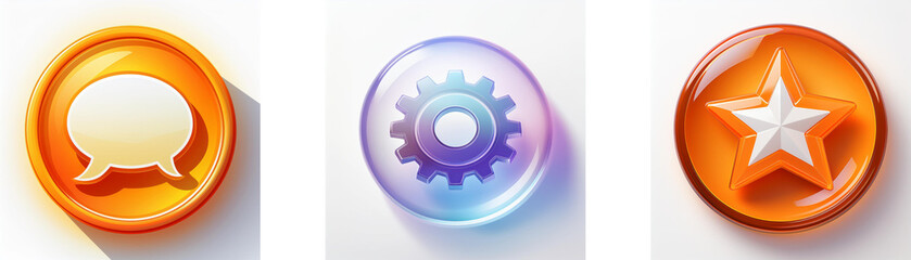 Poster - Three glossy circular icons:  a speech bubble, a gear, and a star.  Simple, colorful interface elements.
