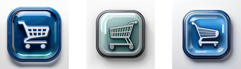 Aufkleber - Three glossy square buttons display shopping cart icons in varying blue hues.  Each button showcases a simple cart graphic, suggesting online shopping or e-commerce.