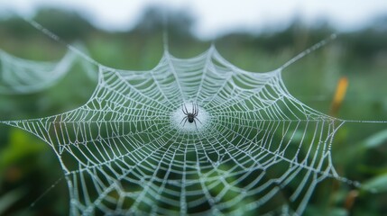 Intricate and Delicate Spider Woven Silk Masterpiece Displayed in a Lush Green Garden Landscape Showcasing the Remarkable and Engineering of Nature