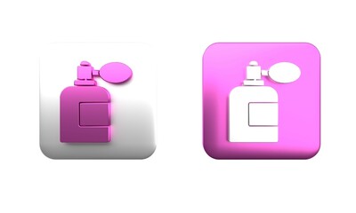 Wall Mural - Colorful Aftershave bottle with atomizer icon isolated on white background. Cologne spray icon. Male perfume bottle. Square button. 3D render illustration