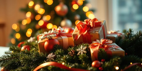 Poster - Gift boxes nestled among a lush green Christmas tree, adorned with vibrant red bows and ornaments, creating a festive ambiance.