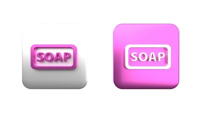 Wall Mural - Colorful Bar of soap icon isolated on white background. Soap bar with bubbles. Square button. 3D render illustration